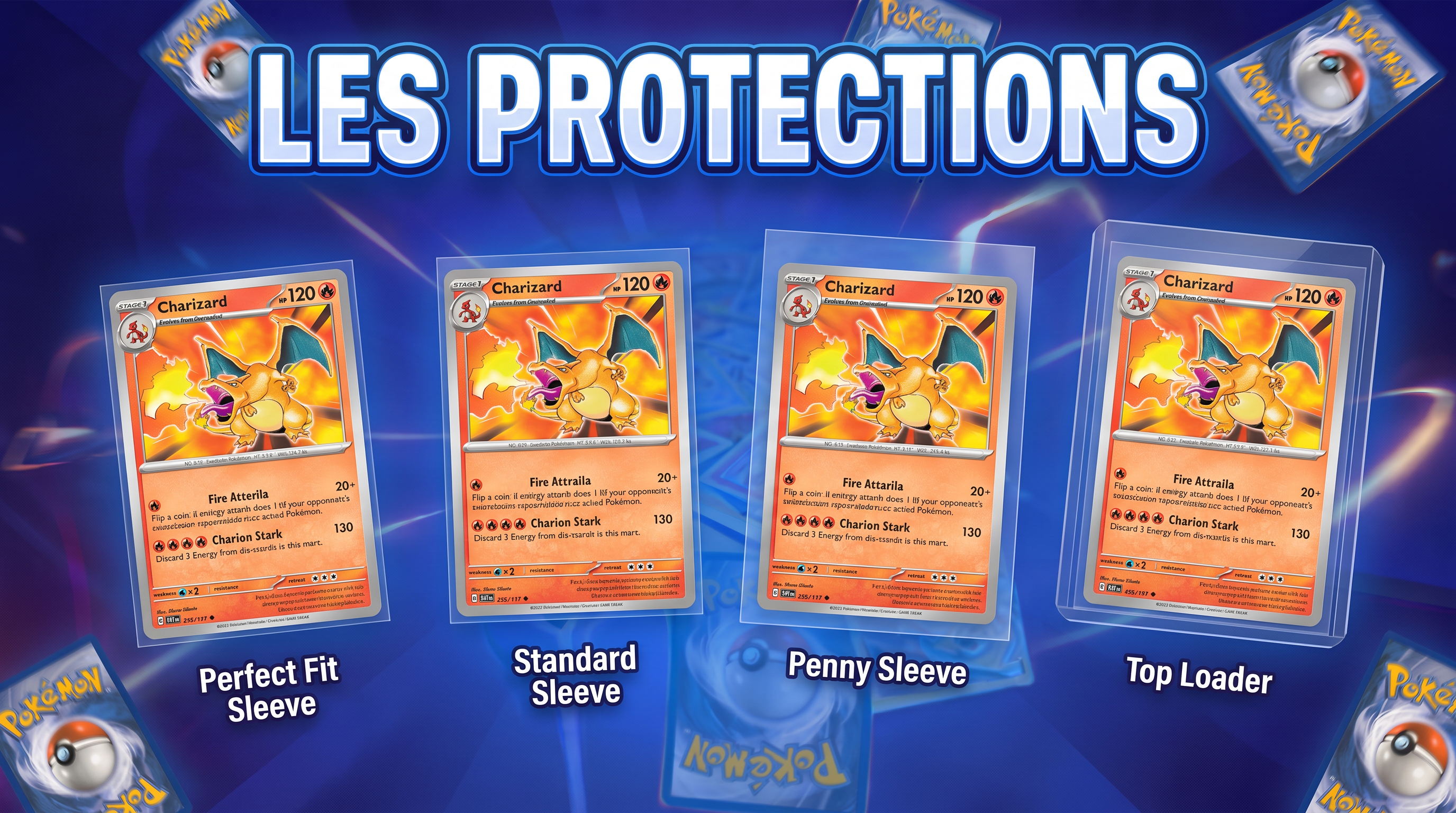 Les différentes protections pour cartes Pokémon : perfect fit, sleeve standard, penny sleeve et toploader